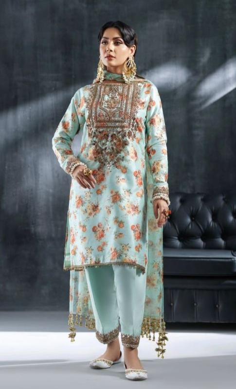 Cyan | Sea Green Embellished Silk Suit