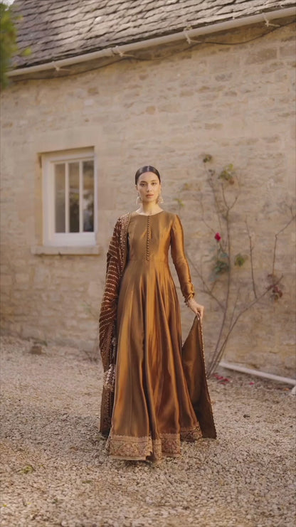 Faiza Saqlain | Copper Brown Silk Embroidered Pishwas
