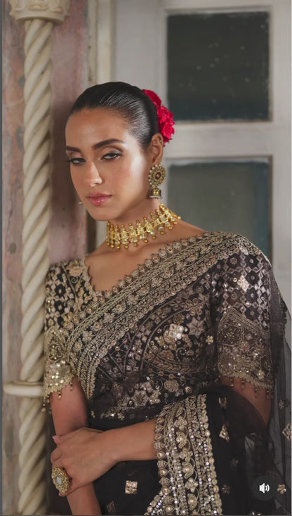 Qalamkar | Black Net Gotta Embroidered Saree