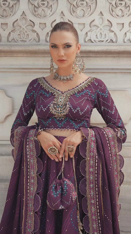 Maria B | Plum Embroidered Embellished Cotton Satin Lehenga