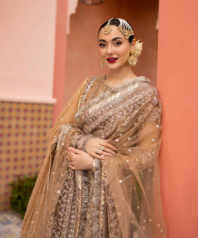 Faiza Saqlain | Golden Brown Embroidered Embellished Gharara