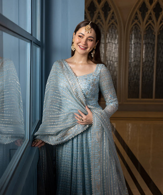 Faiza Saqlain | Ice Blue Net Embroidered Pishwas Dress