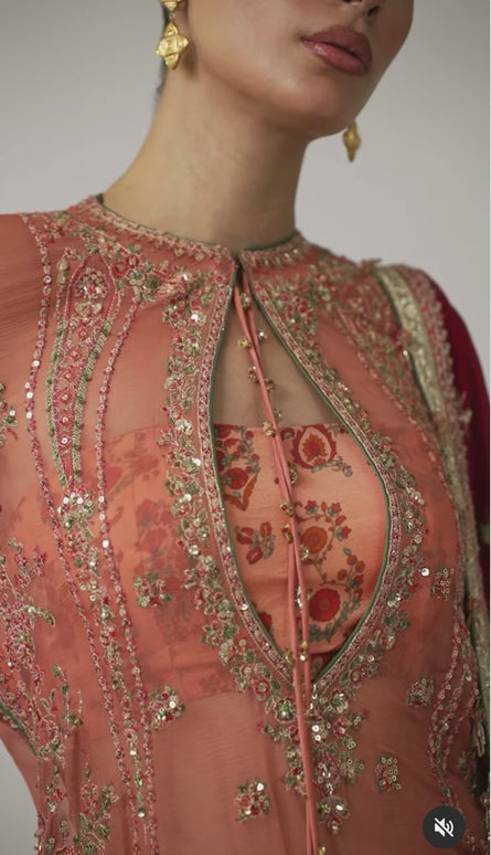 Hussain Rehar | Peach Raw Silk Embellished Suit
