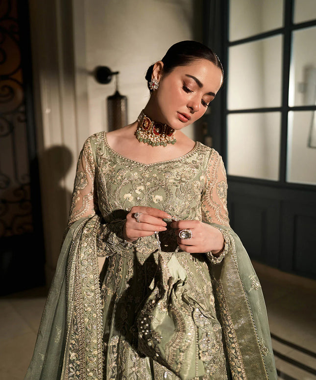 Faiza Saqlain | Mint Green Net Embroidered Maxi Dress
