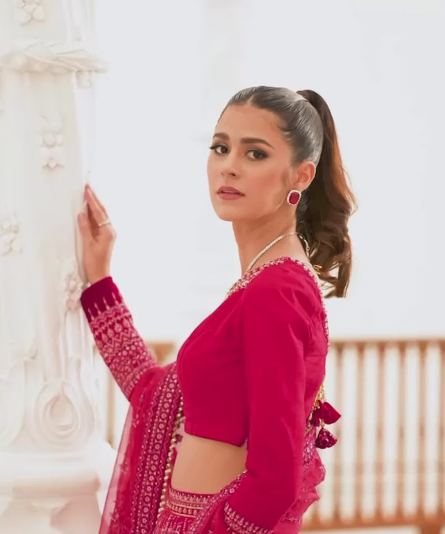 Saira Rizwan | Fuschia Pink Silk Embellished Lehenga