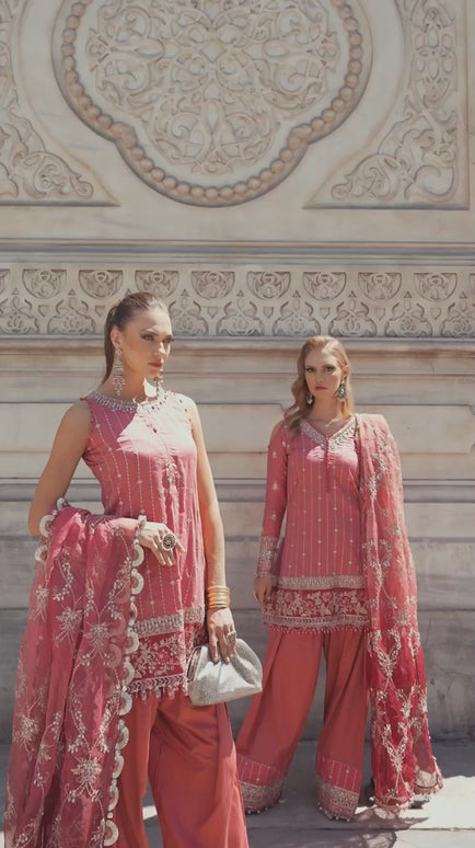 Maria B | Salmon Pink Embroidered Hand Embellished Suit