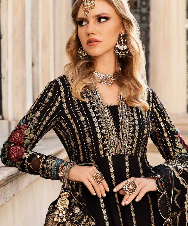 Maria B | Black Embroidered Hand Embellished Cotton Satin Maxi