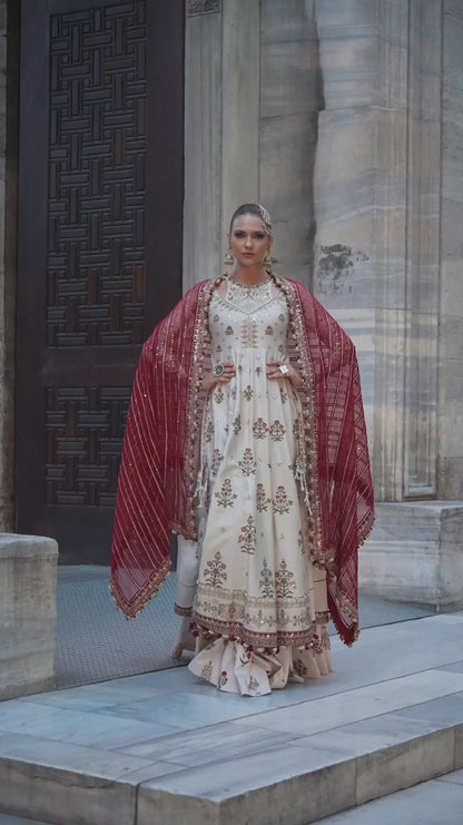 Maria B | Ivory Embroidered Cotton Satin Peshwas Lehenga