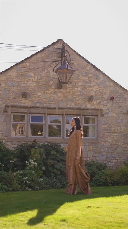 Faiza Saqlain | Mustard Brown Embroidered Velvet Dress