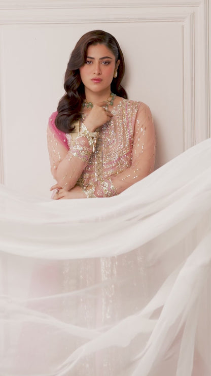 Mushq | Pink Net Hand Embellished Gown