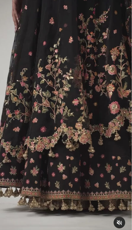 Hussain Rehar | Black Organza Embroidered Embellished Peshwas Suit