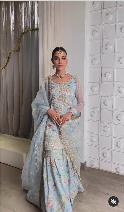 Saira Rizwan | Ice Blue Silk Embellished Gharara