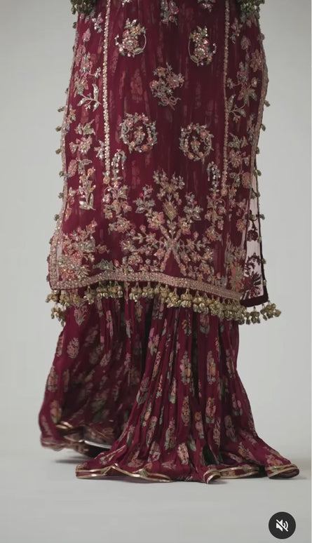 Hussain Rehar | Plum Organza Embroidered Embellished Sharara