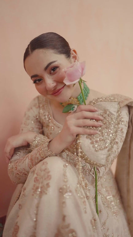 Faiza Saqlain | Beige Net Embroidered Maxi Dress