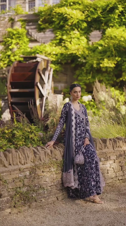 Faiza Saqlain | Charcoal Grey Embroidered Velvet Angrakha