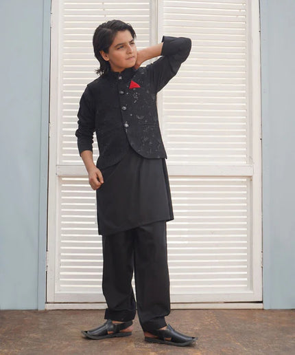 3 Piece | Boys Black Shalwar Kameez Set