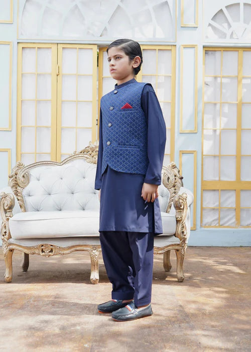 3 Piece | Boys Dark Blue Shalwar Kameez Set
