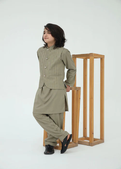 3 Piece | Boys Olive Shalwar Kameez Set