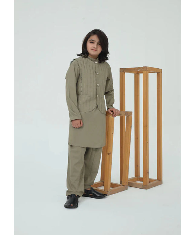 3 Piece | Boys Olive Shalwar Kameez Set