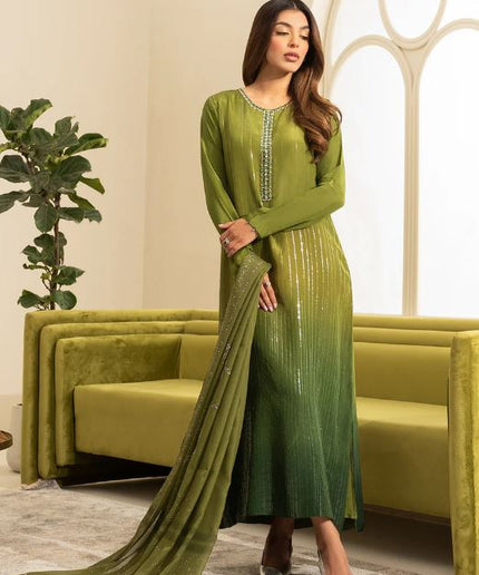 Arooj | Green Gradient Silk Embroidered Dress