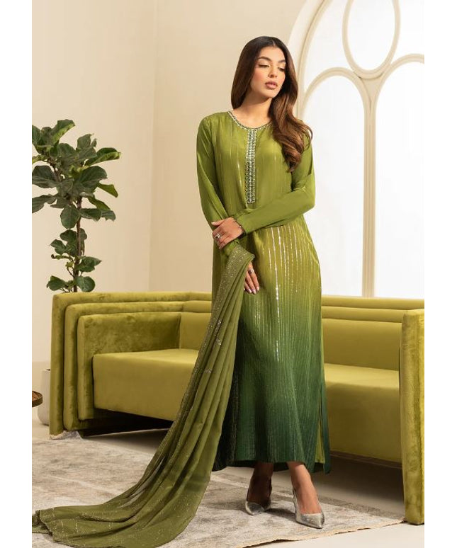 Arooj | Green Gradient Silk Embroidered Dress