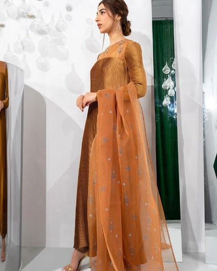 Sarina | Gold Pleated Silk Dress